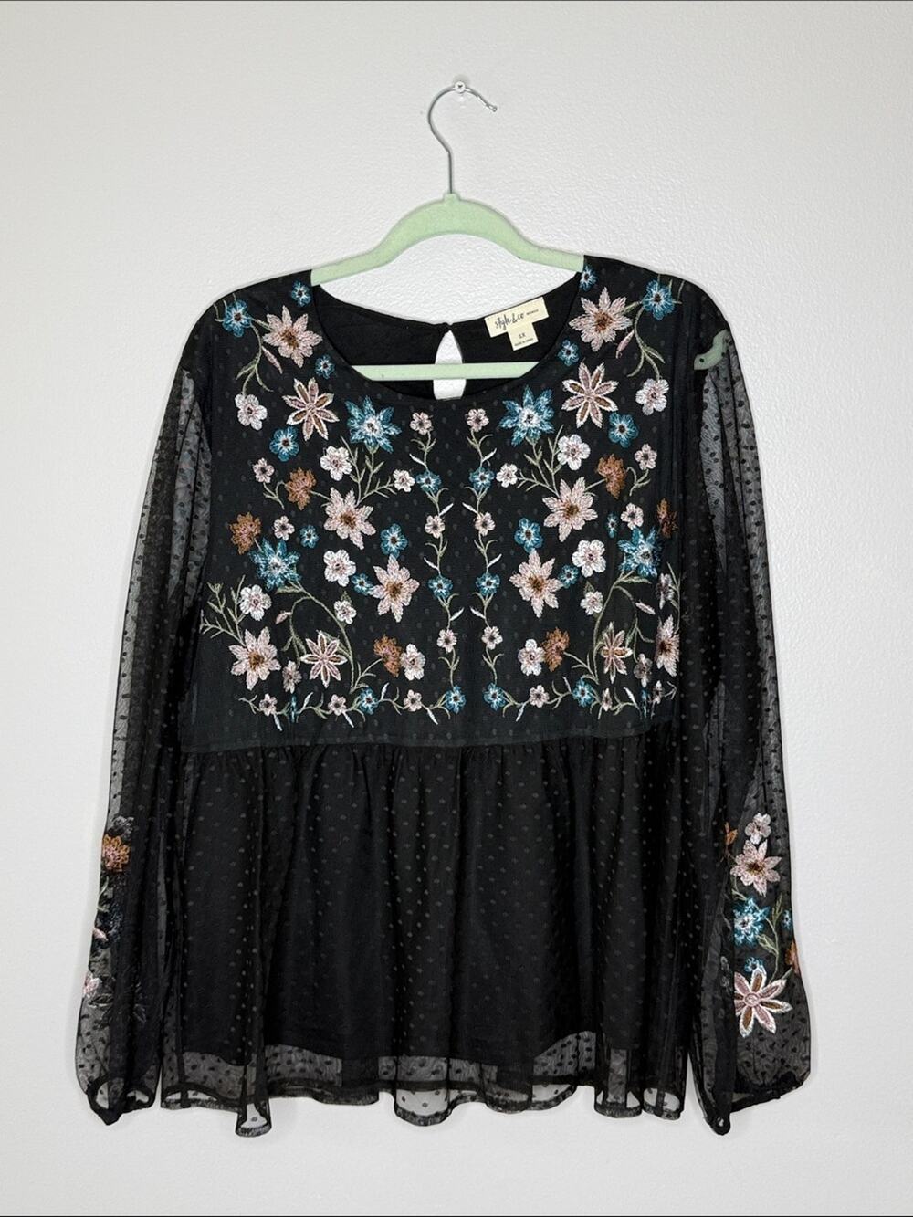 Style & Co. Black Sheer Blouse with Multicolor Floral Embroidery Size 1X